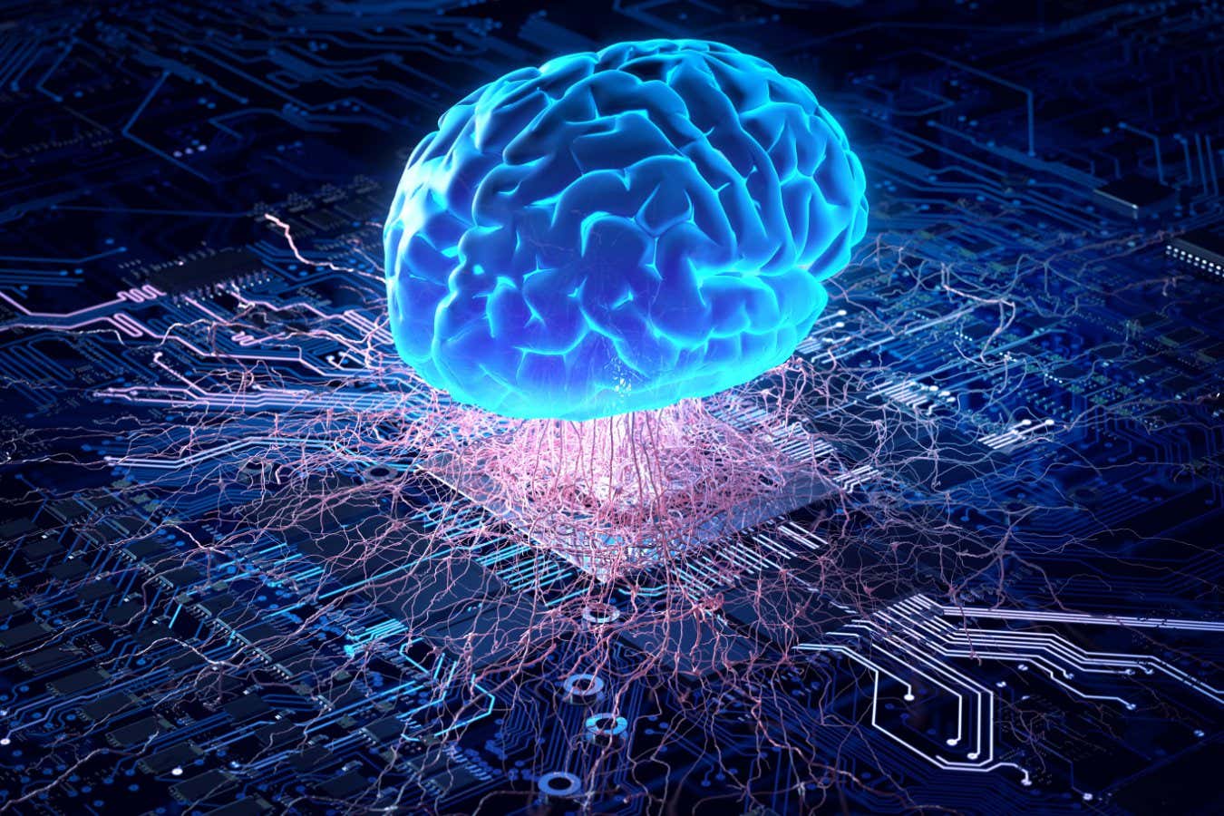 Abstract image of the AI brain's nerve network connected and synchronized with the circuit board.