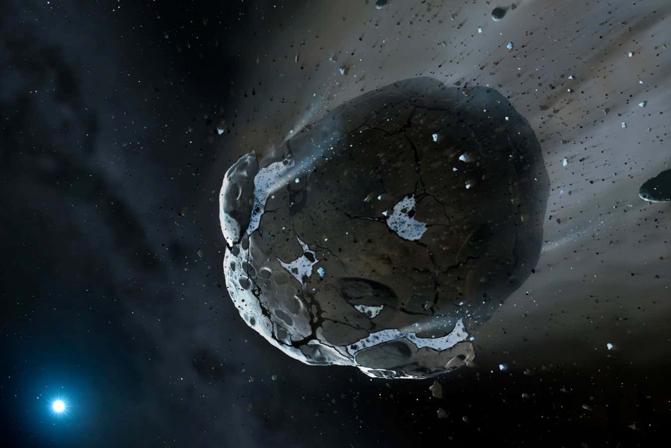 Artist's impression of a rocky and water-rich asteroid being torn apart by gravity