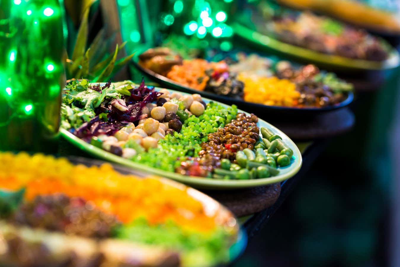 Close up color image depicting freshly cooked take away vegetarian vegan food.